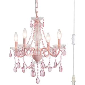 Plug in Crystal Pink Chandelier, Not acrylic Crystal,Mini 4 Lights for Girls Room,Pink Crystals Hanging Pendant Light with Clear Cord and On/Off, Chandelier for wedding, Kitchen, Dining,Foyer,Island
