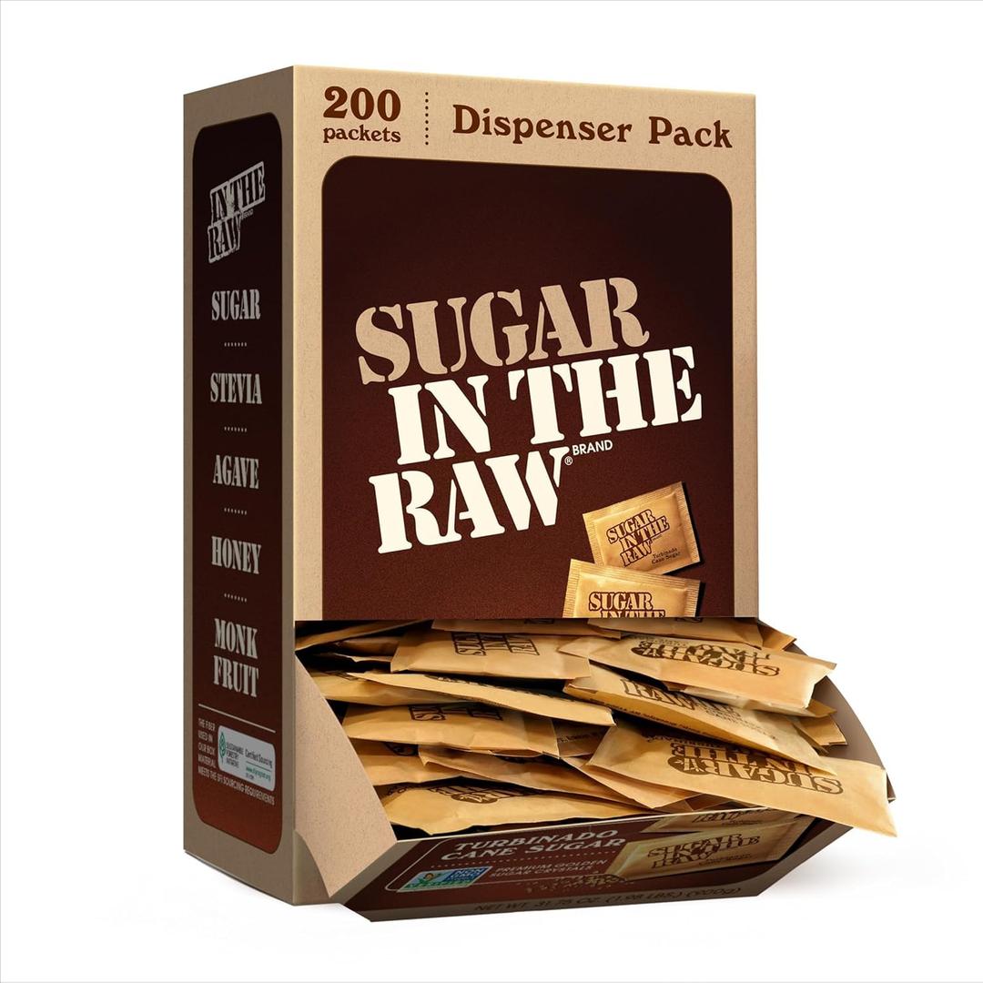 Sugar In The Raw Turbinado Cane Sugar Packets, 200 Ct Box, 1 Pack, Pure, All-Natural Turbinado Sugar, Non-GMO Project Verified, Kosher, Vegan and Gluten Free (EXP 02/05/31)