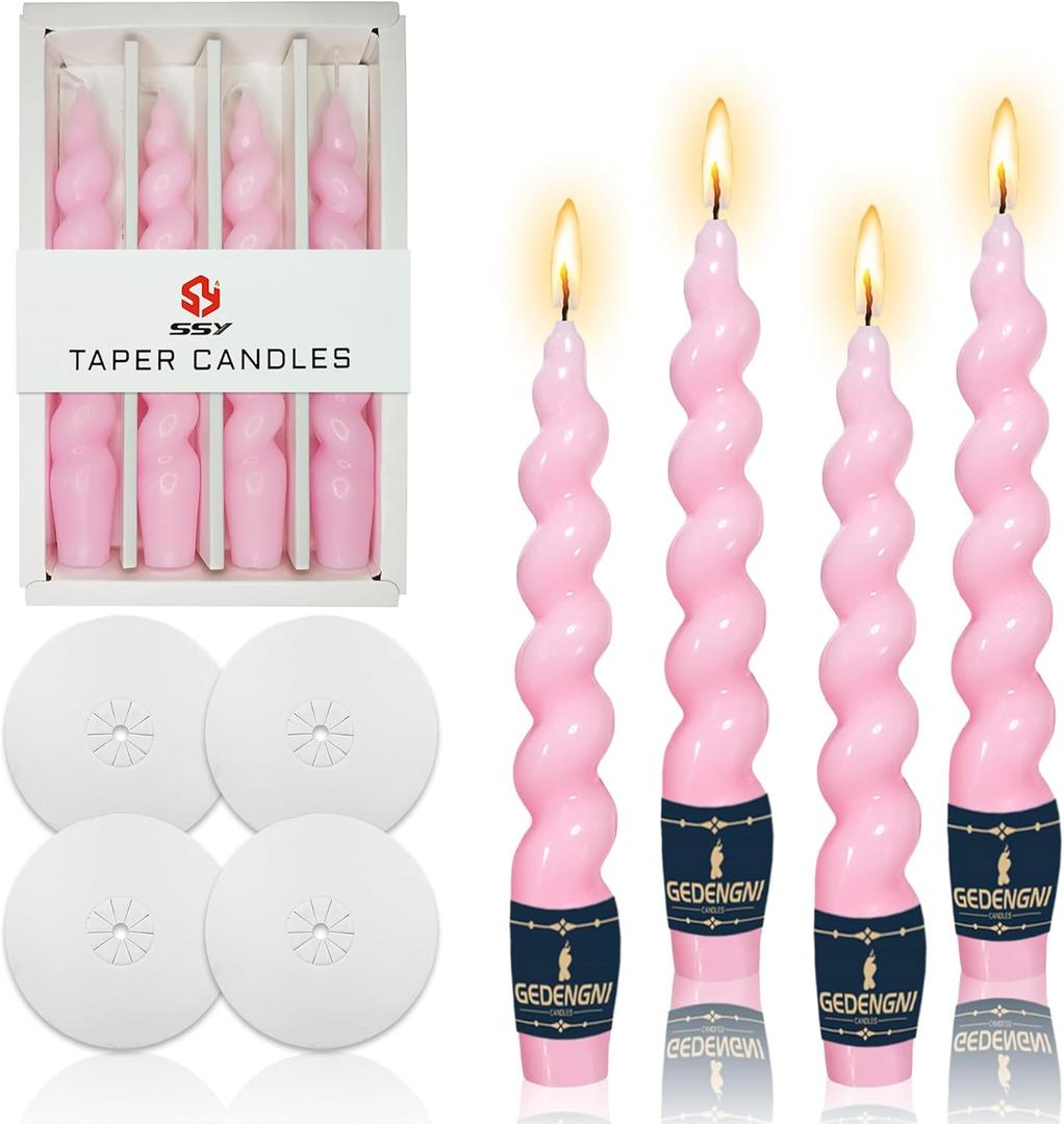 Spiral Taper Candle Dinner Candlesticks - Set of 4 Pink Candle Stick with Candles Drip Protectors Short Tapered Candles for Home Dcor Weddings Festive Women Gifts (2D4PT-PINK) (7INCH)