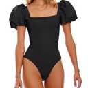Saodimallsu Womens One Piece Swimsuit Short Puff Sleeve Square Neck Sexy Backless Tummy Control Bathing Suit Black Medium