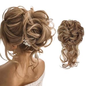 Messy Bun Hair Piece Tousled Updo Hair Buns Extension Elastic Band Hair Pieces Curly Hair Bun Scrunchie for Women Curly Chignon Ponytail Hairpiece Daily Wear(Light Brown mix Ash Blonde)