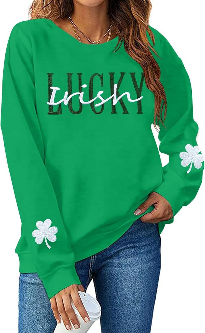 St Patricks Day Sweatshirt Women Shamrock Sweater Notre Dame Shirts Clover Top Irish Gift Long Sleeve Pullover (Green, XXL)