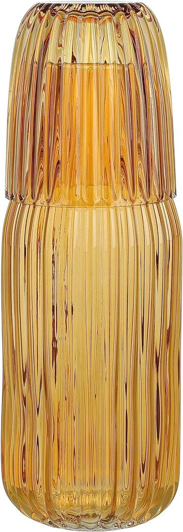 elle decor Ribbed Bedside Water Carafe with Tumbler Set | Ribbed Glass Pitcher and Matching Drinking Glass Doubles as Lid | 39-Ounce Jug for Guest Room, Office, or Gift | 4 x 9.5 (Amber)
