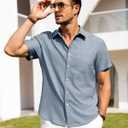 Alimens & Gentle Mens Linen Shirts Short Sleeve Button Down Shirts Wrinkle Free Casual Vacation Beach Summer Tops (Blue, L)
