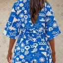 PRETTYGARDEN Womens Rompers for Summer 2025 Beach Vacation Clothes Short Sleeves Floral Jumpsuits Beach Cover Up (Blue, XL)