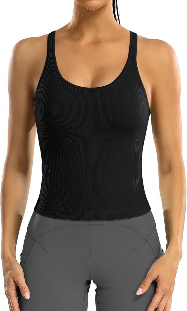 ATTRACO Women Ribbed Workout Crop Tops with Built in Bra Yoga Racerback Tank Top Tight Fit (6, Black)