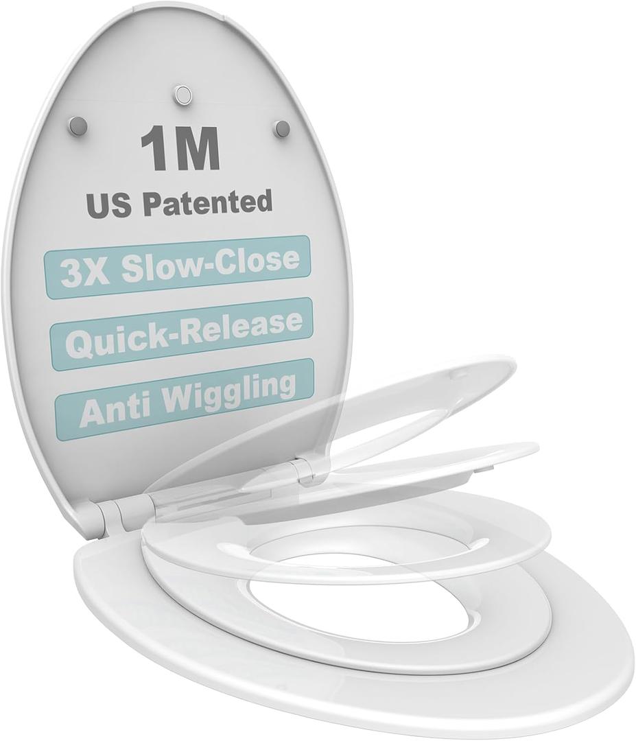 1M Family Toilet Seat, Patented Slow Close & Quick Releasing Technology, Anti-Wiggling, Easy to Install and Clean, Standard Elongated with Toddler Seat Built In (1 Piece)