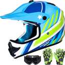 Youth Kids Dirt Bike Helmet DOT Approved, Full Face Motocross Set | 4-in-1 set includes goggles gloves storage bag, ultra-light design, adjustable visor and washable liner for ATV UTV, Small