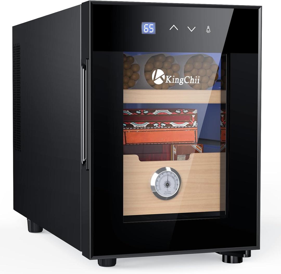 KingChii 16L Electric Cigar Humidors Temperature Control System, Cooling & Heating Humidor Cabinet with Spanish Cedar Wood Shelves & Hygrometer, Father's Day Gifts for Men (2 Layers 100 Capacity) (Black)