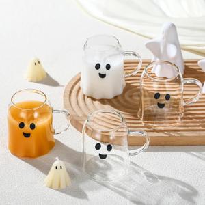 4 Pcs Halloween Ghost Coffee Mug Glass Cup with Handle Heat Resistant Coffee Tea Milk Cups Halloween Accessories Birthday Gifts for Home Office Drinking