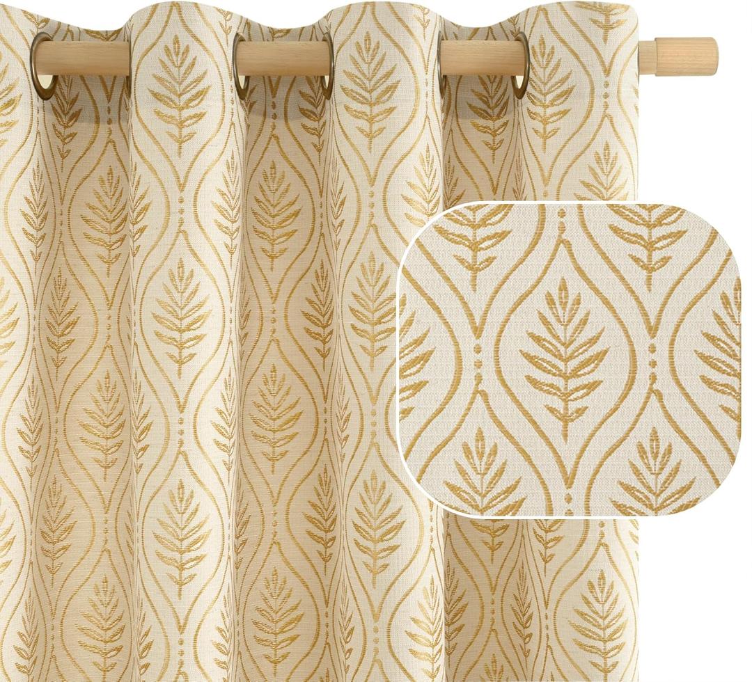 BGment Gold Linen Curtains for Living Room, French Country Leaf Jacquard Botanical Pattern Cottage Core Boho Vintage Grommet Light Filtering Semi Sheer Linen Curtains, 2 Panels, 52 x 84 Inch