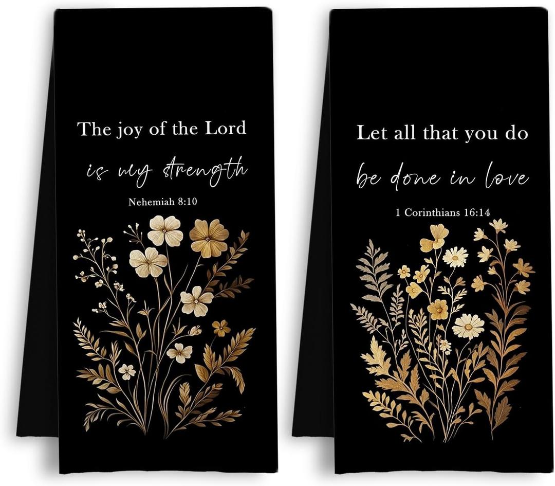 Rustic Floral Christian Kitchen Towels, Bible Verse Gifts Dish Tea Towels, Christian Religious Gifts Decorative Hand Towel for Bathroom Kitchen, 16x24 Inch Set of 2