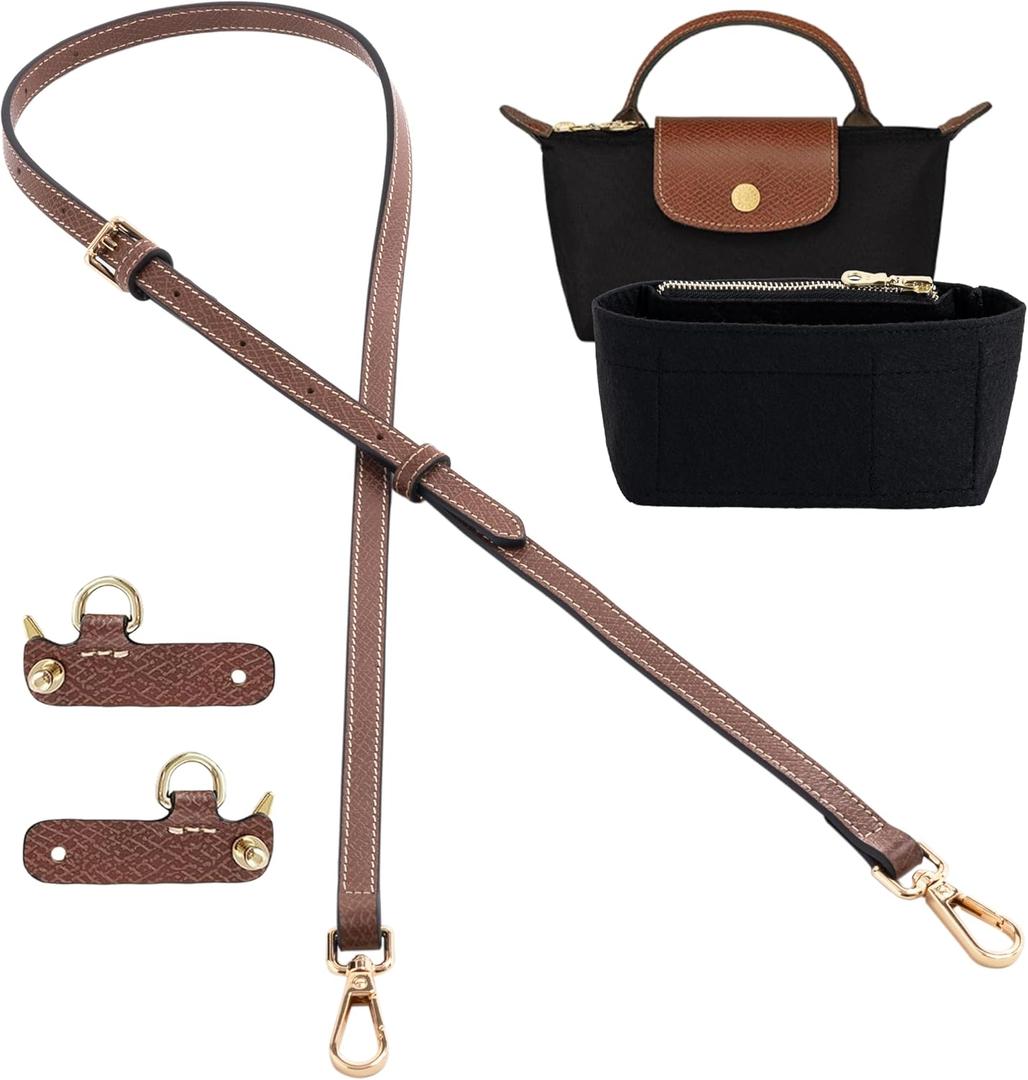 Mini Bag Organizer with Genuine Leather Crossbody Strap Conversion Kit, Compatible with Longchamp Mini Bag  Inner Liner Insert + Strap Kit Set, Black