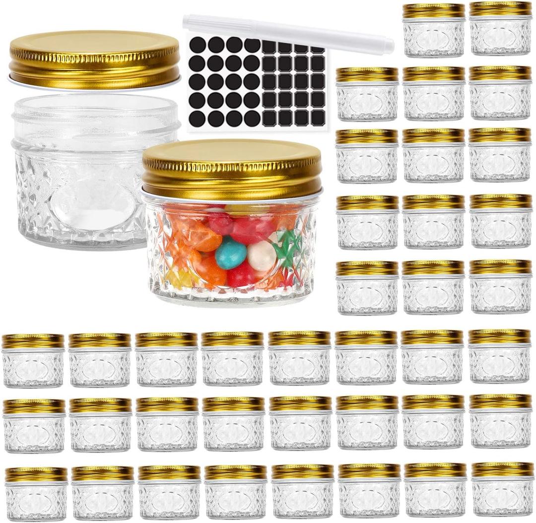 STARSIDE 40 Pack 4 oz Glass Mason jars With Regular Lids, 120 ml Canning Jars Containers for Jam, Honey, Candies,Wedding Favors, Decorations, Included 1 Pens and 80 Labels.