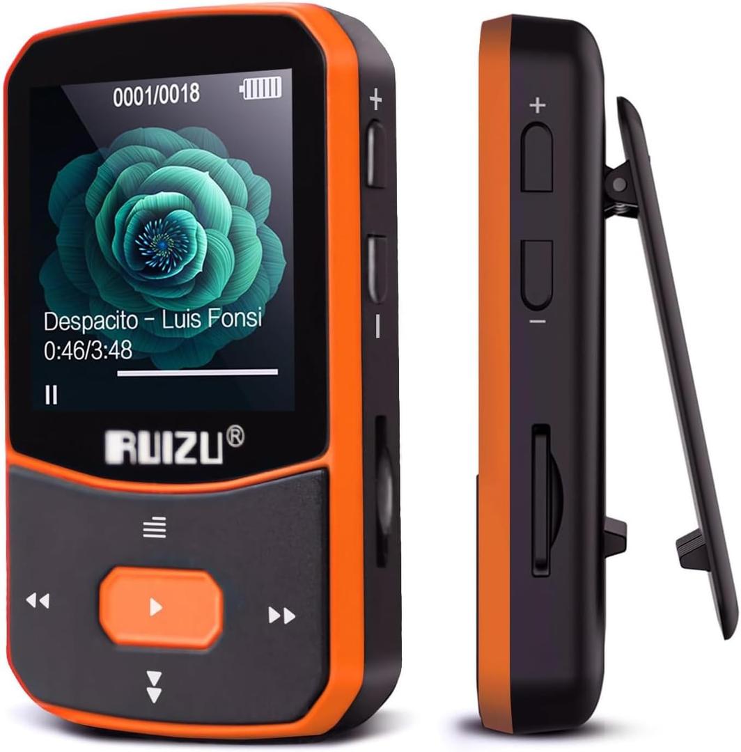RUIZU 64GB Clip MP3 Player with Bluetooth 5.3, Portable Music Player with Voice Recorder for Sport Running, FM Radio, Pedometer, A-B Repeat, Audio Shuffle Playback, Support 128GB Micro SD Card, Orange