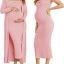 Ecavus Maternity Tube Dress Long Cardigan 2 Piece for Baby Shower and Wedding Guest Ribbed Maternity Photoshoot Dresses (Small, Pink)