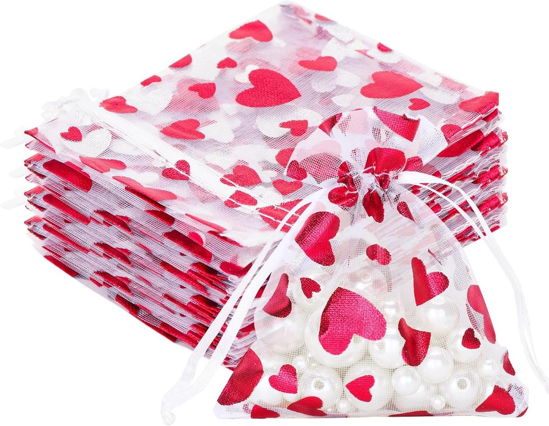 G2PLUS Valentines Gift Bags Organza 3x4in - 50Pcs Heart Organza Bags, Drawstring Sheer Mesh Jewelry Pouches Candy Bag for Wedding, Mother's Day, Party Favors (White Red)