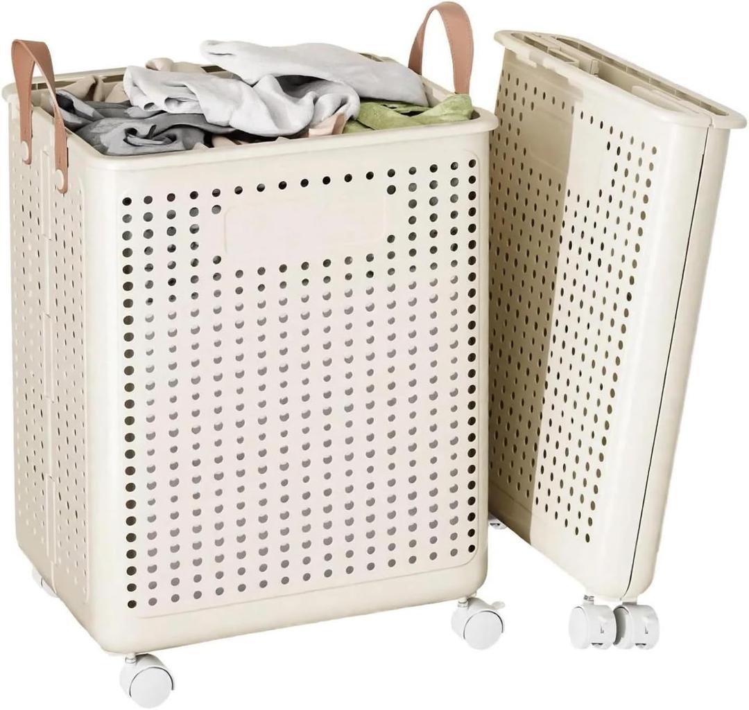 Slim Rolling Laundry Hamper with Wheels – Large Collapsible Clothes Basket with Leather-Style Handles, Space-Saving Laundry Organizer for Bedroom, Bathroom, Dorm & Small Spaces – Cream, 55 L