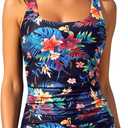 Aqua Eve Tankini Tops for Women Swimwear Top Only Tummy Control Bathing Suit Top No Bottom (Large, Black and Colorful Flower)