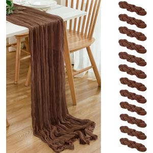 12 Pack Brown 10 Ft Cheesecloth Table Runner 21x120 Inch Boho Wrinkled Sheer Romantic Gauze Decor for Wedding, Bridal Shower, Birthday Party