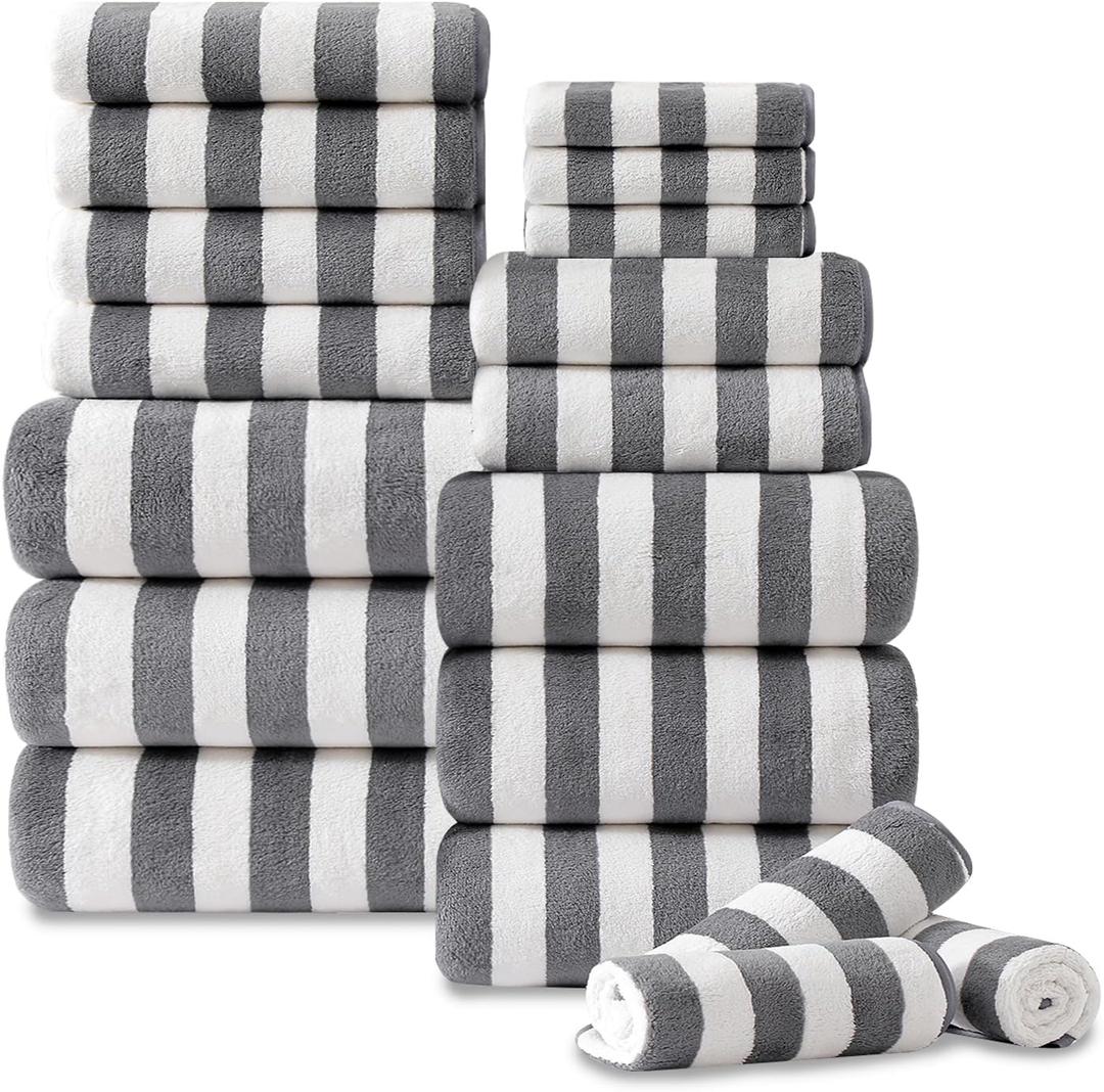 Oliven 18 Pcs Gray Cabana Stripe Family Towels Set-6 Bath Sheets, 6 Hand Towels, 6 Washcloths Soft Jumbo Bathroom Towels Absorbent Shower Towel Quick Dry Beach Chair Towel Spa Gym Hotel Towel Set