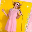 2 Pcs 90s Sweet Women Costume Pop Star Costume Boat Neck Pink Dress with Pendant Necklace for Halloween Cosplay (L)