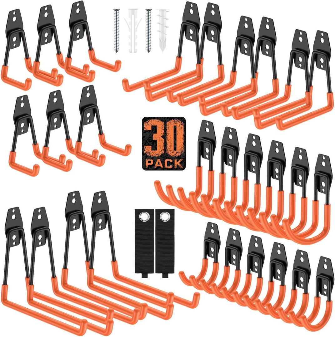 Garage Hooks with Anti-Slip Coating,Heavy Duty Wall Mount Storage Hooks for Hanging Bike,Hose,Ladder,Yard,Garden Tools (30 Pack Orange)