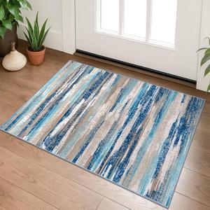 Small Abstract Area Rug, Entryway Rug Washable Door Mat Indoor Entrance, 2x3 Washable Rug Non-Slip, Soft Blue Kitchen Rugs Thin Print Faux Wool Floor Carpet Throw Rugs for Foyer Front Door Sink (Blue Aqua/Beige Taupe Multi)