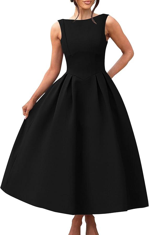 YMDUCH Women's Elegant Sleeveless Crew Neck Backless Swing A Line Evening Party Long Dress (L, Black)