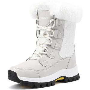 COOJOY Womens Winter Snow Boots Waterproof Shoes Walking Comfortable Hiking Tennis Booties Furry Mid Calf Warm Lightweight (7, Beige White)