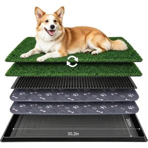 PAWISE Dog Grass Pad with Tray 30"x20" - Indoor Dog Potty with 2 Artificial Grass Patches + 2 Washable Pee Pads + Drainage Grate - Reusable Puppy Potty Training Pad for Apartment Balcony Patio