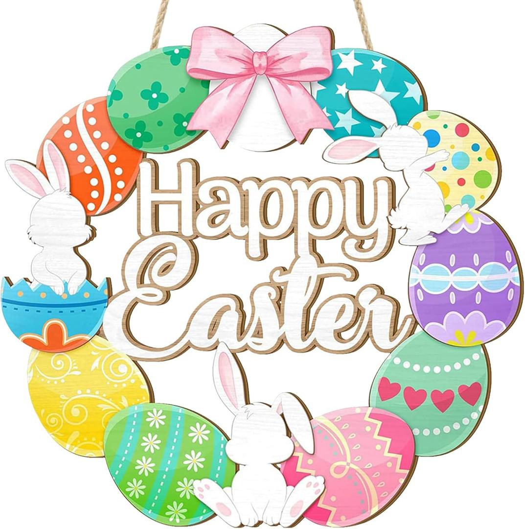 3 x Easter Eggs Wreaths Sign for Front Door, Colorful Eggs Hollow Hanging Solid Wood Happy Easter Sign Decorations for Home Shop Garden