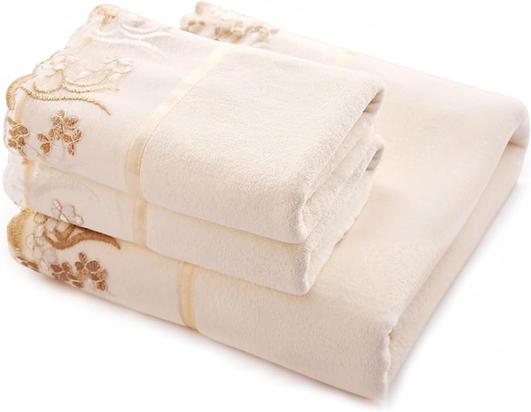 Soft Touch 2 Microfiber Towel and 1 Microfiber Bath Towel Lace Floral Edged Set of 3