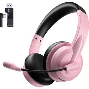 Wireless Headset with Mic for Work with AI Noise Cancelling Mic for Clear Calls, Bluetooth V5.3 Headphones with Microphone to USB A/C Dongle & Mic Mute for Computer Laptop PC iPhone (Pink Black)
