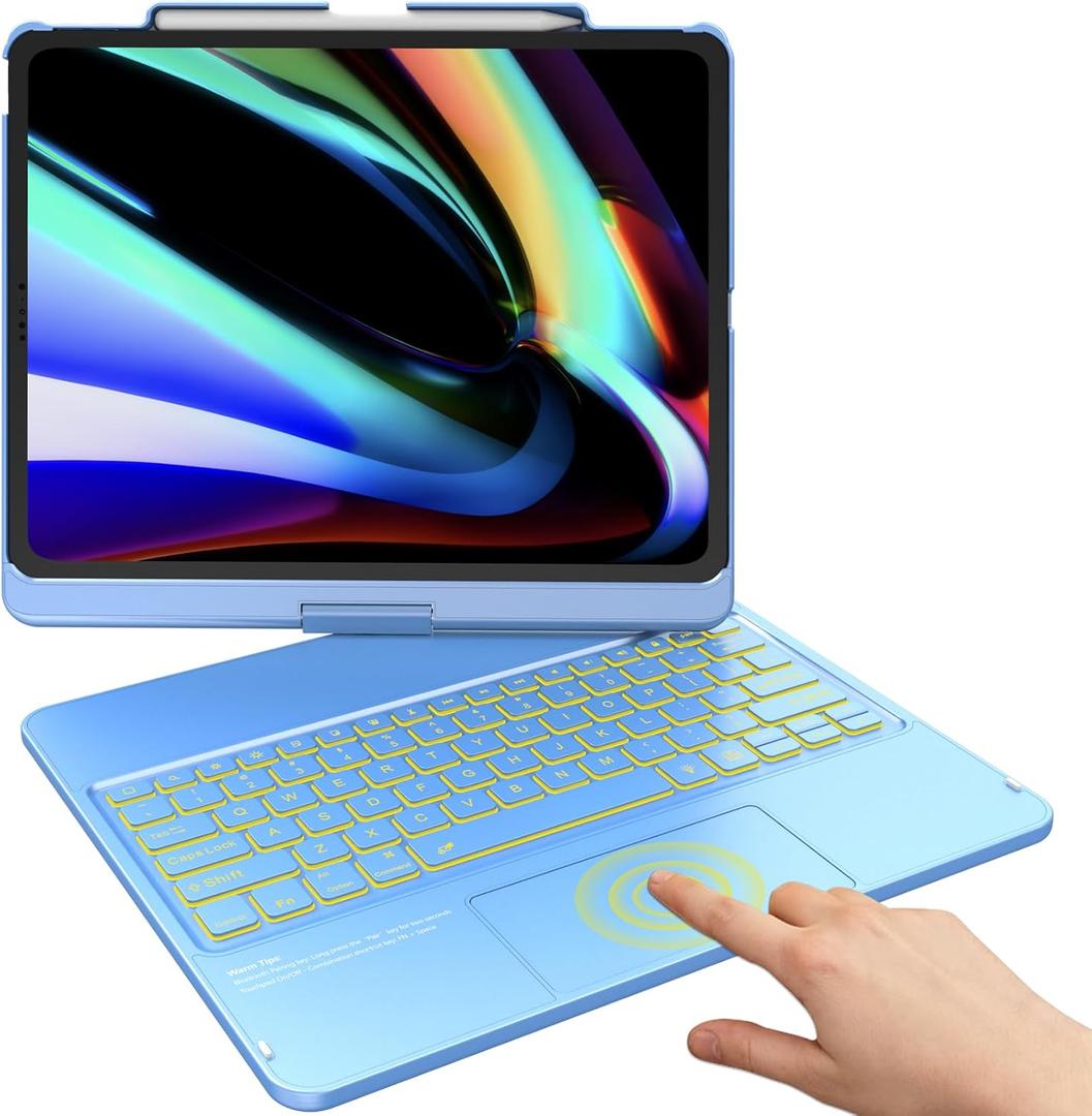 TQQ iPad Air 13 Inch Case Keyboard (M4 2026/M3 2025/M2 2024), iPad Pro 12.9 (6th, 5th, 4th, 3rd Gen) Keyboard - 360 Rotatable, 7-Color Backlight, Multi-Touch Trackpad, Thin & Light (Blue)