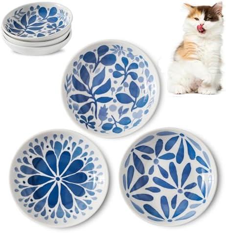 3 Ceramic Cat Bowls,5.5 inch Wide Shallow Cat Food Bowl for Relief Whisker Fatigue