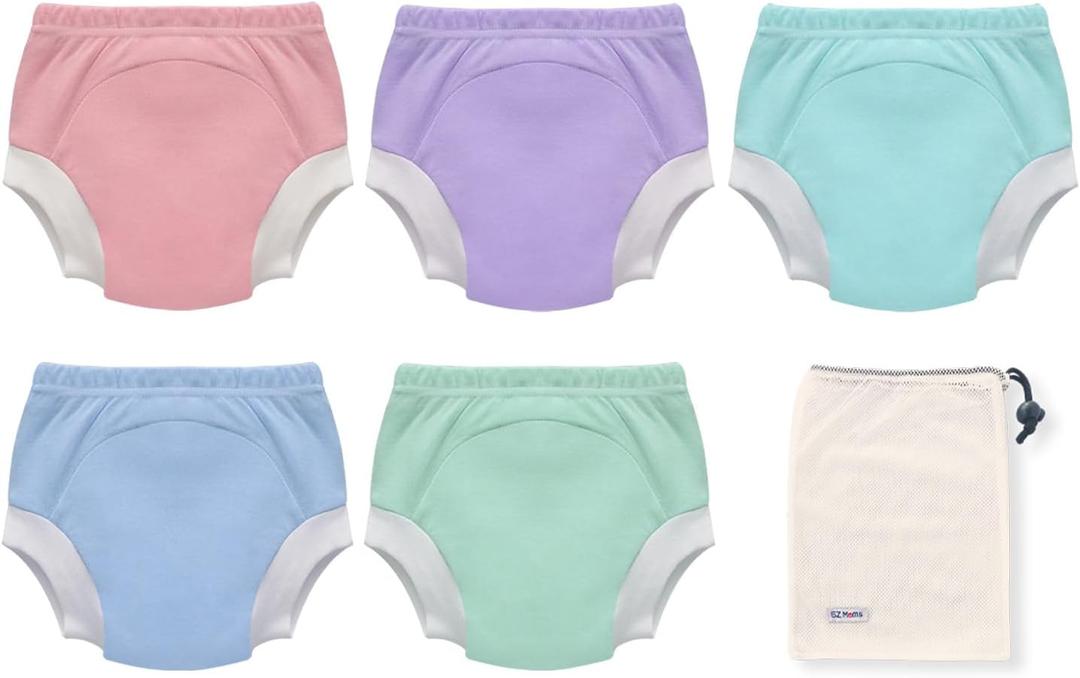 EZ Moms 5 Packs Toddler Potty Training Underwear for Girls and Boys Soft 100% Cotton Thick Absorbent Toilet Training Pants Leakproof Toddler Girl Underwear 3T Pee Pants with Potty Sticker Chart, L