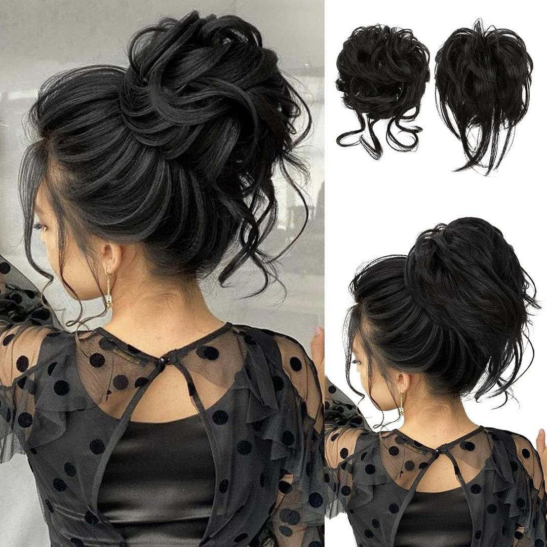 SARLA 2PCS Black Messy Bun Hair Pieces for Women Wavy Curly Synthetic Hairpieces for Updos with Tendrils Fake Scrunchies Ponytail Extension