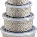 Ceramic Mixing Bowls with Lids Set of 4, Embossed Nesting Storage Bowls for Cooking, Serving, Salad, Popcorn etc, Microwave and Dishwasher Safe, Baking Dishes 12/16/28/40 oz (Gray)