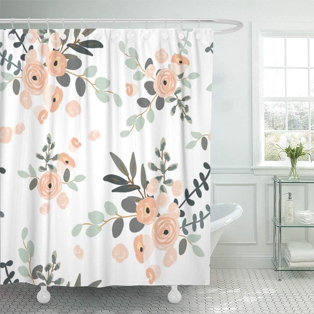 Emvency 72"x78" Shower Curtain Peach Coral Waterproof Blush Pink Floral Bouquets White Rose Flowers Exotic Summer Beach Home Decor Polyester Fabric Adjustable Hook Set