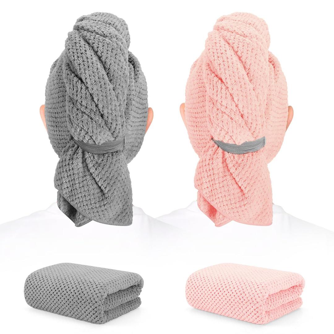 BEoffer 2 Pack Microfiber Hair Towel - 41 x 24 inches Super Soft, Absorbent, Fast Drying Without Frizz Hair Towel Wrap for Women Long, Thick, Curly Hair - Hair Turbans with Elastic Strap (Gray Pink)