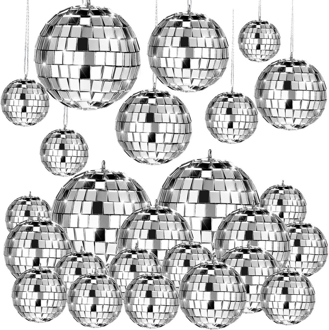 MTLEE 20 Pcs Disco Balls Decoration Mirror Disco Ball Assorted Silver Mini Glass Different Sizes Reflective with Rope for 70s Wedding Dance Music(2.4, 2, 1.6, 1.2 Inch)