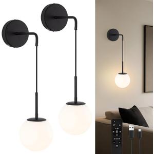 Battery Operated sconces Set of 2 Glass Globe Rechargeable Black Wall Light Fixture Wireless Wall Lights with Clear Glass Shade for Living Room, Hallway, Bedroom (2 Pack)
