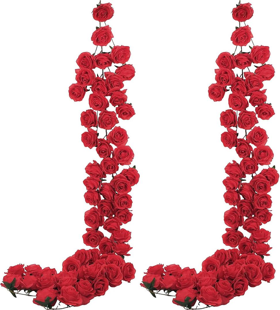 2 Pcs Red Artificial Rose Vine Hanging Faux Flowers Garland for Wedding Anniversary Birthday Party Background Arch Garden Home Wall Room Decor