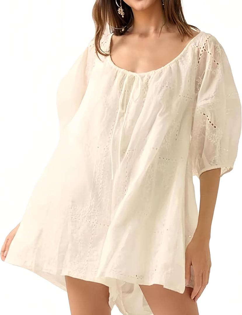 Women's Summer Cotton Boho Romper Loose Puff Half Sleeve Front Drawstring Bow Bohemian Casual Mini Jumpsuit(White-XS)