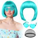 PLULON Aquamarine Bob Wig with Heart Sunglasses and Hair Cap for Women, Short Bob Wigs Synthetic Colored Funny Cosplay Hairpieces for Women Men Daily Bachelorette Halloween Costume Party Decorations (Lake Blue)