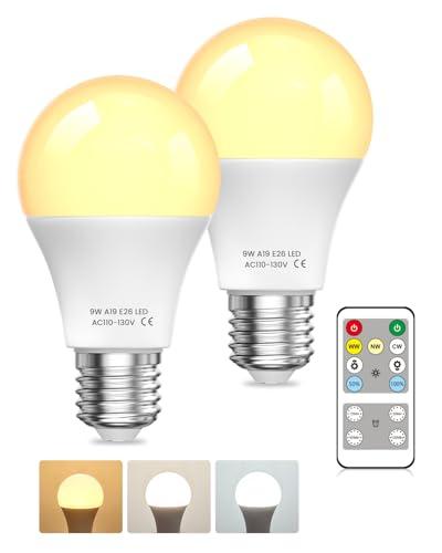 A19 LED Light Bulbs with Remote Control, 9W LED Bulbs 60W Equivalent, 3000K-6000K Dimmable Bulbs E26 Base, Remote Control Light Bulbs with Timing, Memory Function, for Home Decor, 2Bulb & 1Remote
