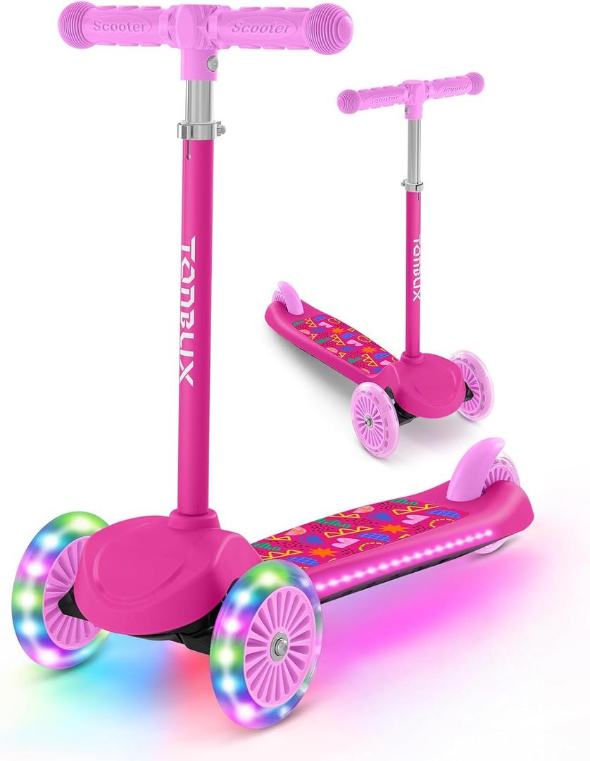 TONBUX Kids Scooter for Ages 3-8, Toddler Scooter with Light-Up Deck and Wheels, Adjustable 4-Level Height 3-Wheel Scooters for Kids, Lean-to-Steer Design