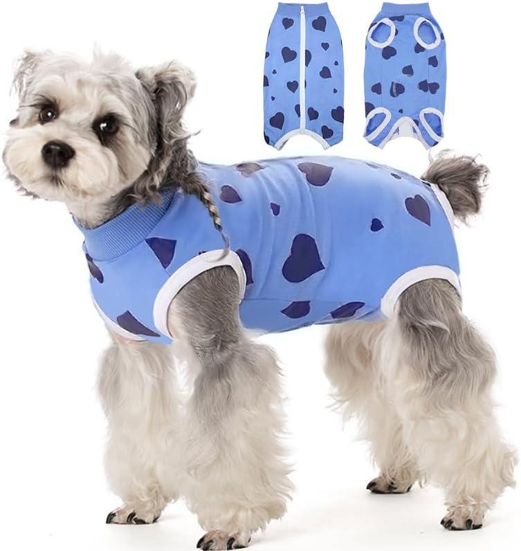 BRKURLEG Small Dog Recovery Suit After Surgery Female Male, Abdominal Wound Protection, Back Zipper Spay Recovery Suit for Dogs & Cats, Soft Anti-Licking Puppy Onesie Pajamas, Cone Alternative, M (Blue Heart Shape)