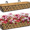 Window Boxes Planters: 2 Pack 30 Inch Railing Planter Box with Adjustable Brackets for Porch Fence Patio Balcony Hanging Flower Baskets with Coco Liners for Outdoor Garden Decor - Bronze